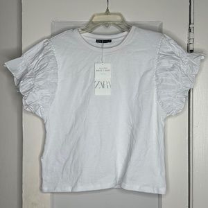 Zara White Cotton T-Shirt With Ruffle Sleeves / Size L / NWT
